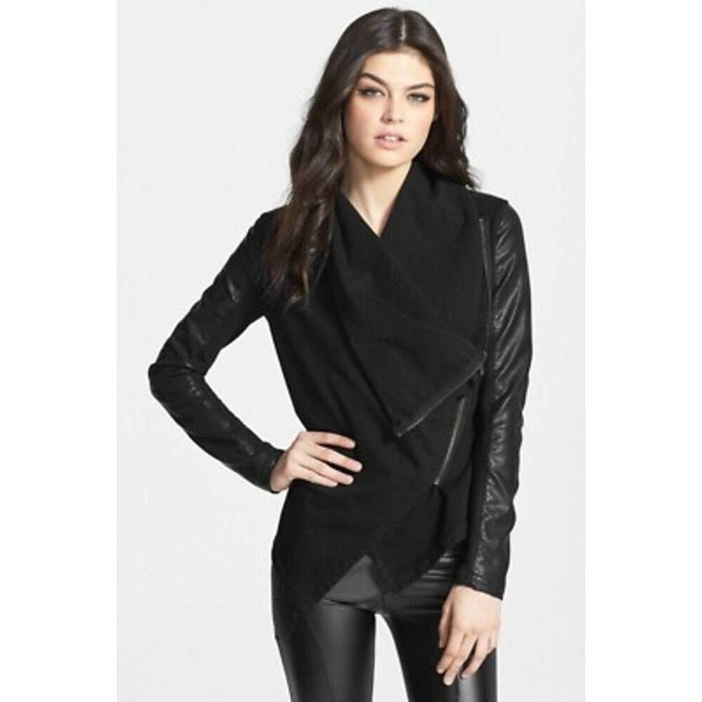 BLANKNYC Private Practice Mixed Media Drape Front Jacket in Black Size Large